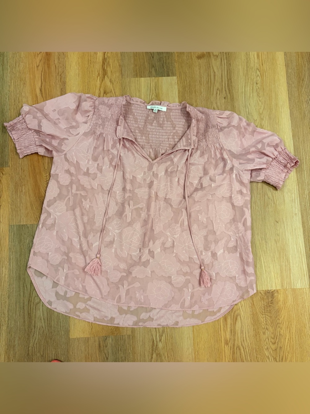 Rose & Olive Women’s XL Blush Pink Floral Tie-Front Peasant Blouse